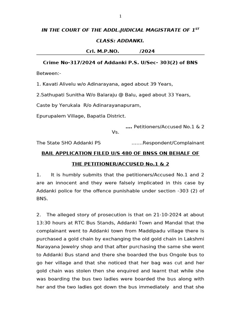 Bail Application for Accused in Theft Case | PDF | Bail | Crime & Violence