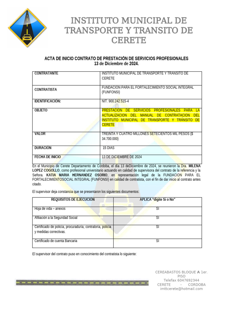 Acta de Inicio Contrato Transito Funfonsi | PDF