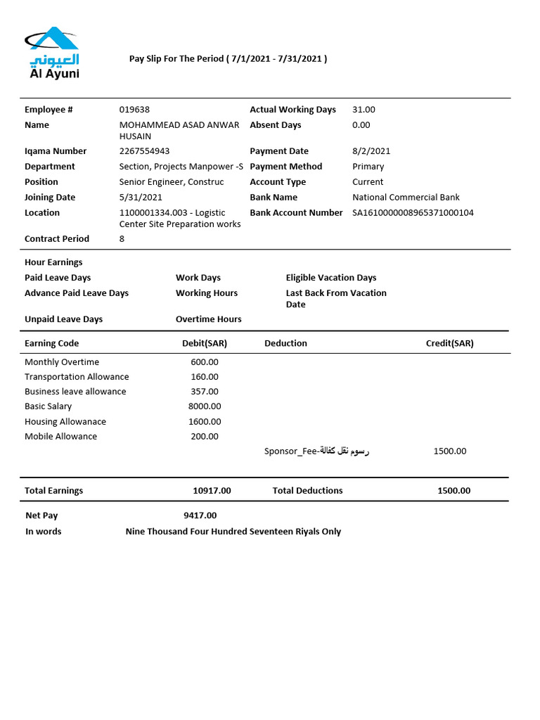Employee Detailed Payslip Details019638 (1) | PDF | Overtime | Payments