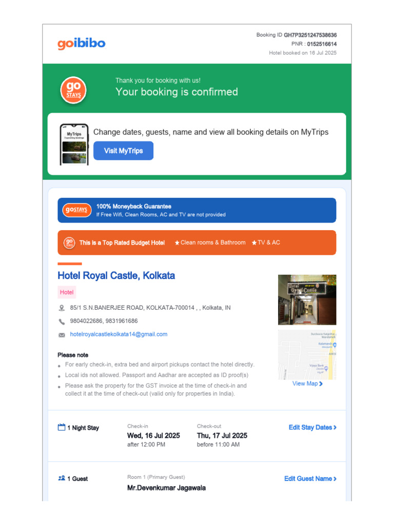 Hotel Royal Castle Booking Confirmation | PDF | Payments