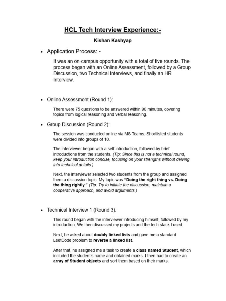 HCL Tech Interview Process Overview | PDF | Cognition