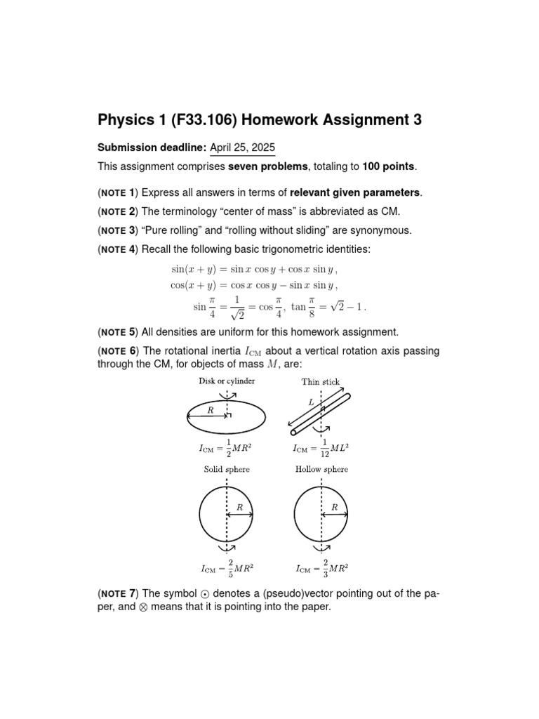 Physics 1 Homework Assignment 3 | PDF | Rotation Around A Fixed Axis ...