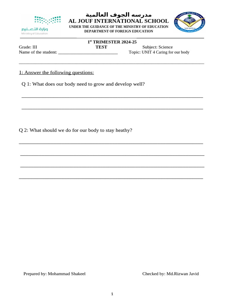 Caring For Our Body G. 3 TEST | PDF
