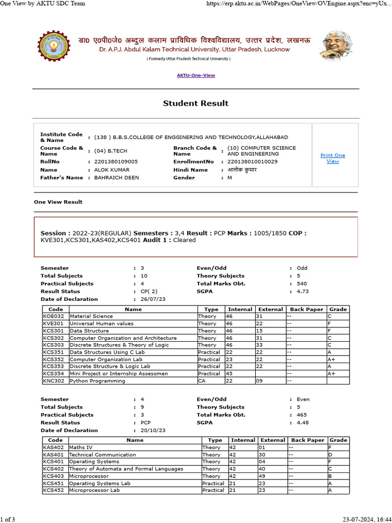 AKTU 3rd Semester Results Summary | PDF | Computing | Computer Science