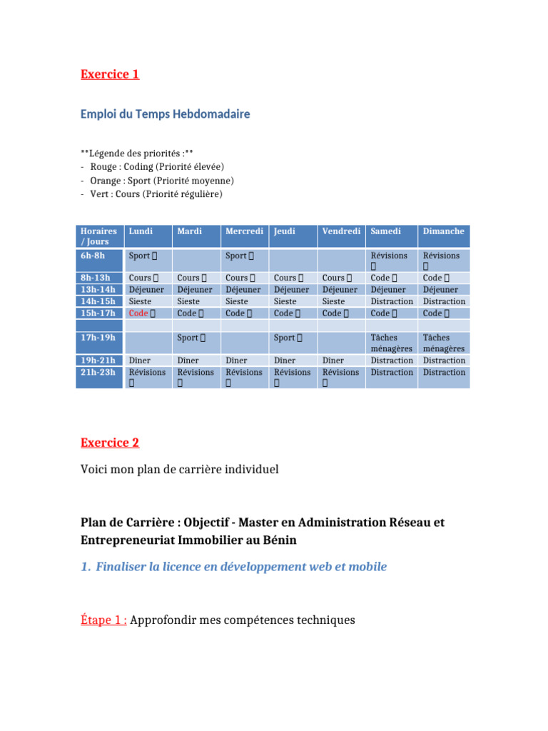 Emploi du Temps et Plan de Carrière | PDF | Informatique | Informatique