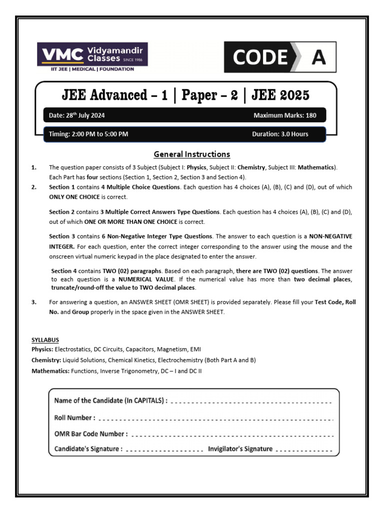 JEE Advanced 2025 Paper 2 Instructions | PDF | Capacitor | Series And ...