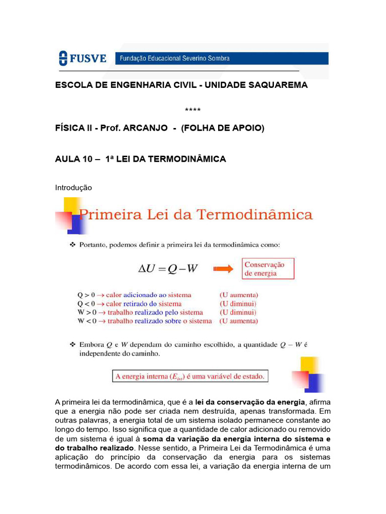 Primeira Lei da Termodinâmica | PDF | Termodinâmica | Calor