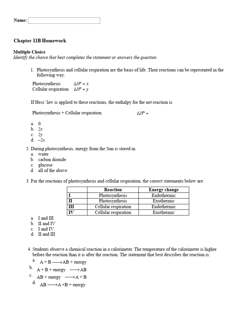 CHEM 30 Chapter 11B Homework | PDF | Chemical Reactions | Photosynthesis