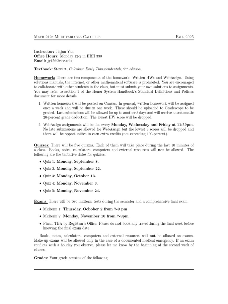 Math 212 Syllabus: Fall 2025 | PDF | Integral | Derivative