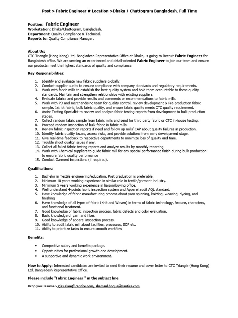 New Recruitment - CTC BRO - Fabric Engineer | PDF | Textiles | Textile ...