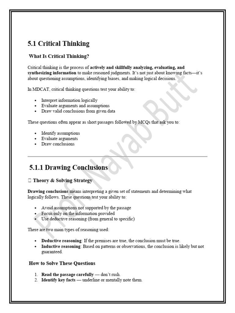 Understanding Critical Thinking in MDCAT | PDF | Argument | Deductive ...