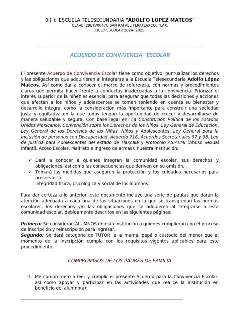 Acuerdo de Convivencia Escolar 2024-2025 | PDF | Abuso infantil | Escuelas