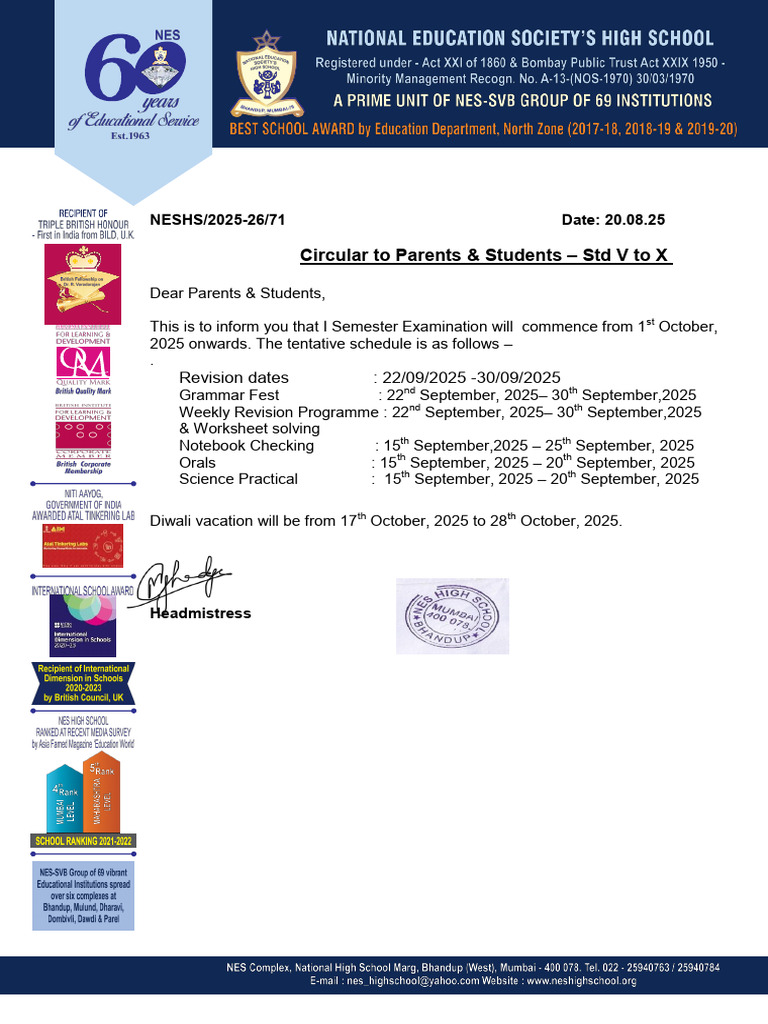 Semester Exam Schedule for Std V-X | PDF
