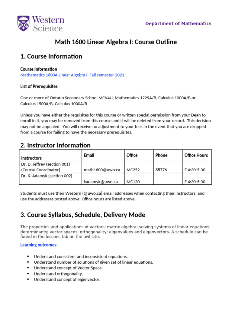 Course Outline Math1600 2021 | PDF | Eigenvalues And Eigenvectors ...