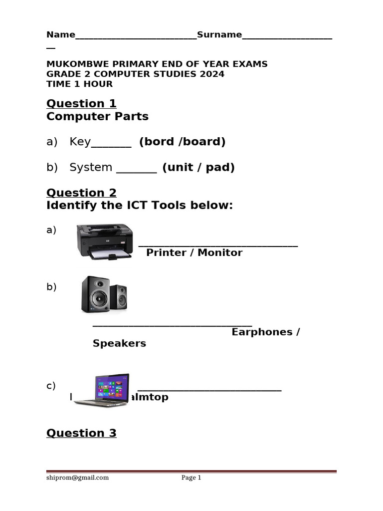 Grade 2 Computer Studies Exam 2024 | PDF