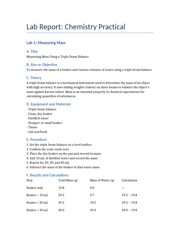 Chemistry Lab Report Lab1 and Lab2 | PDF | Weighing Scale | Volume
