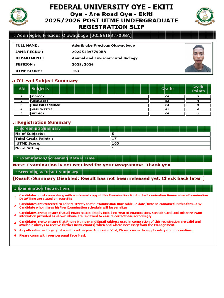 FOUOEK 2025/2026 Post UTME Registration Slip | PDF