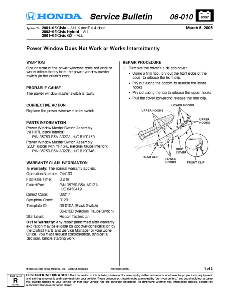 Power Window Does Not Work or Works Intermittently 382006 (06010