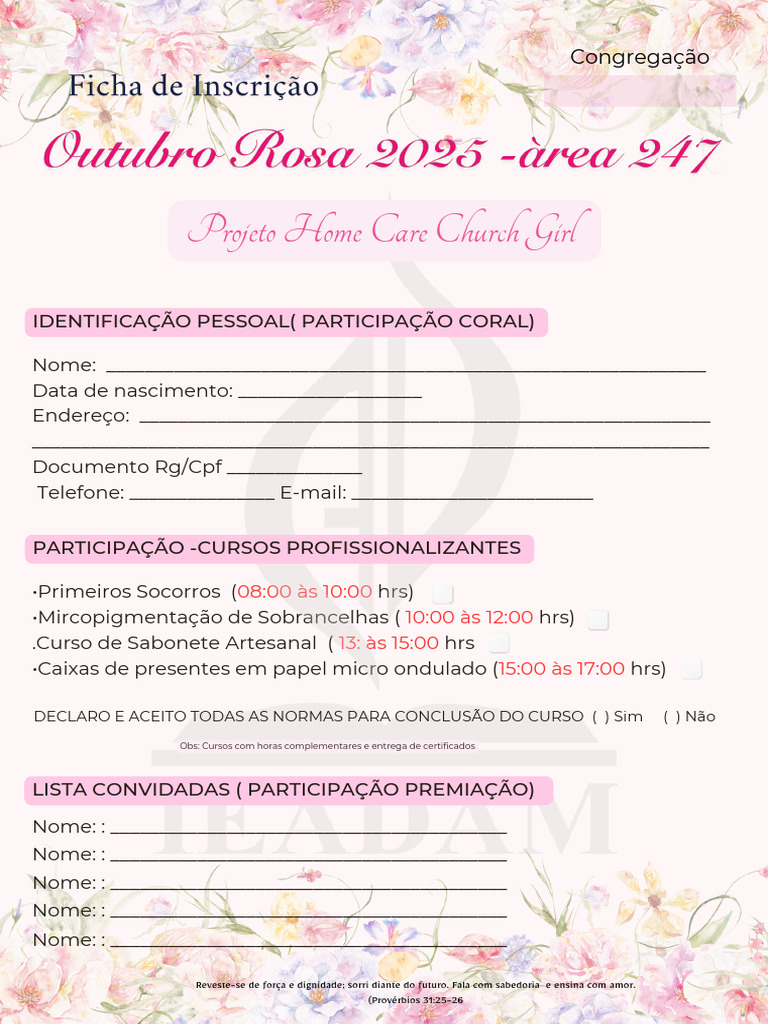 Ficha Projeto Mulheres Outubro Rosa | PDF