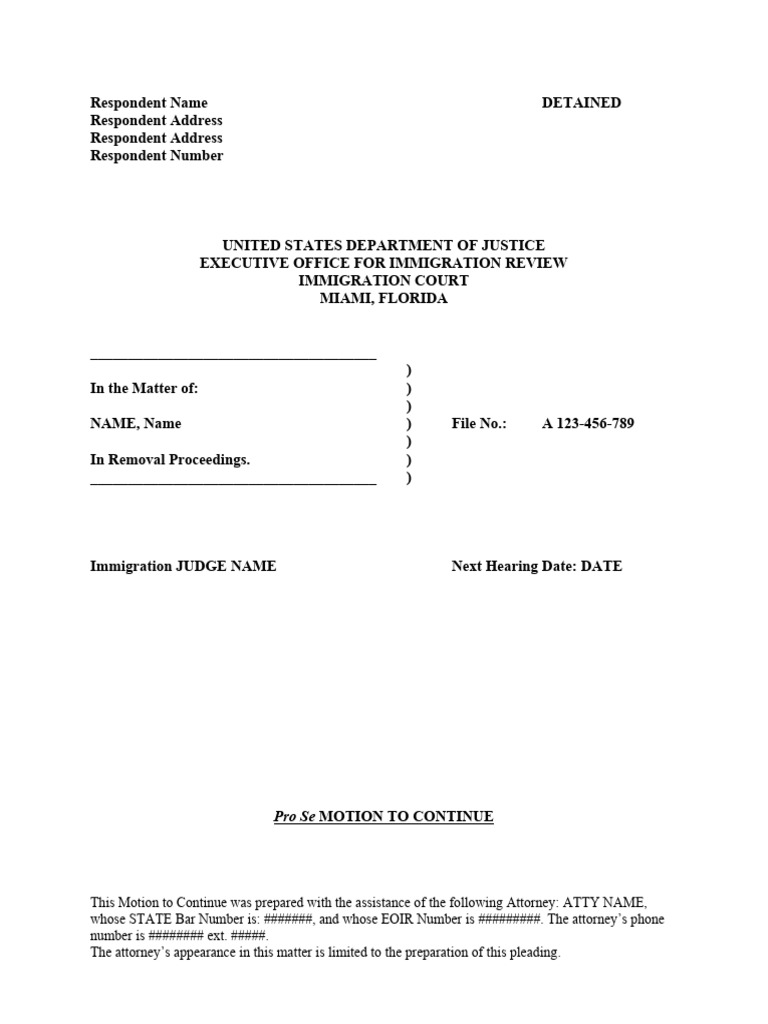 Pro Se Motion To Continue Template | PDF | Judiciaries | Immigration To ...