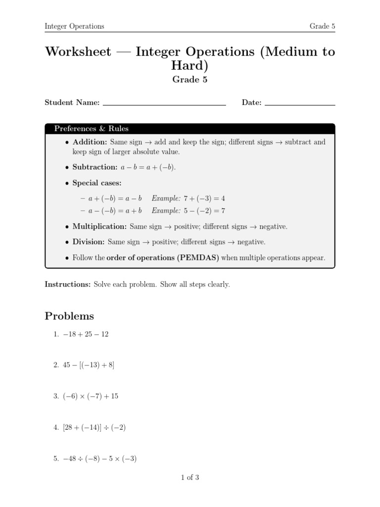 Grade 5 Integer Operations Worksheet | PDF