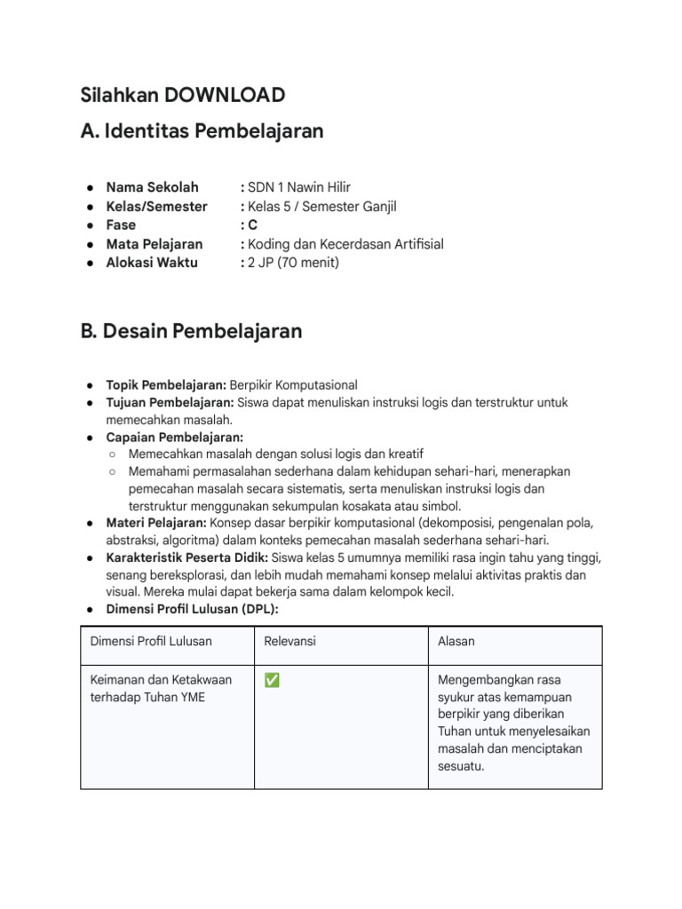 RPP Koding Kelas 5: Berpikir Komputasional | PDF