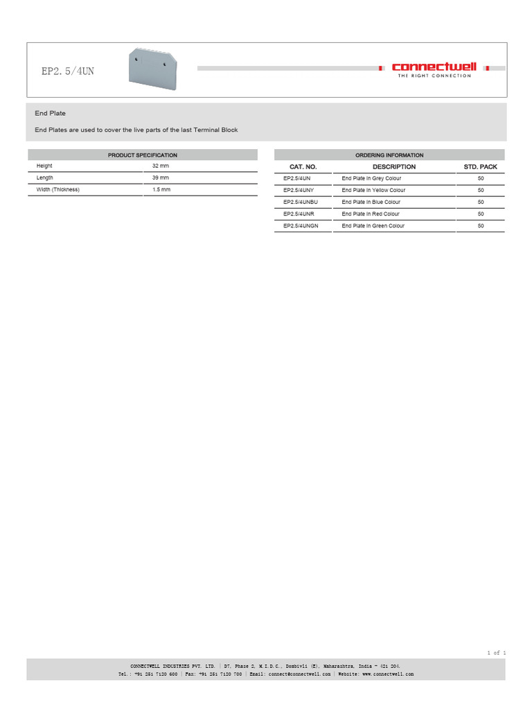EP2 Terminal End Plate Specifications | PDF