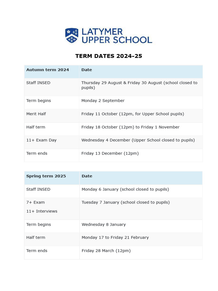 Term Dates 2024-25 Schedule | PDF