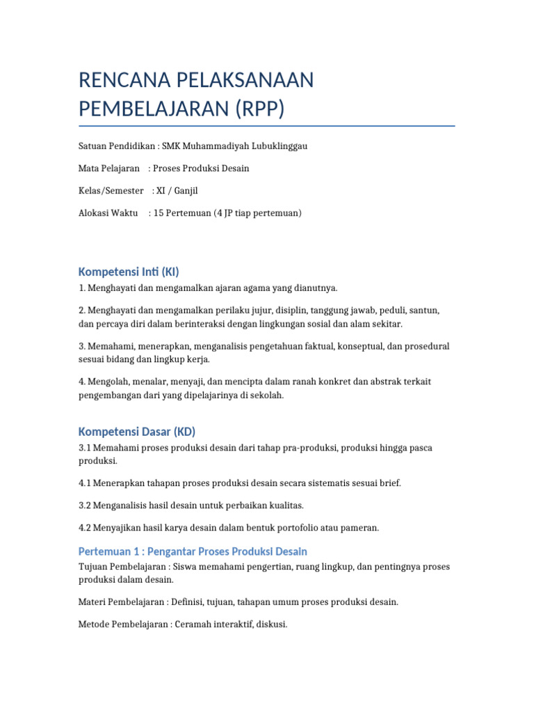 RPP Proses Produksi Desain SMK Muhammadiyah Lubuklinggau | PDF