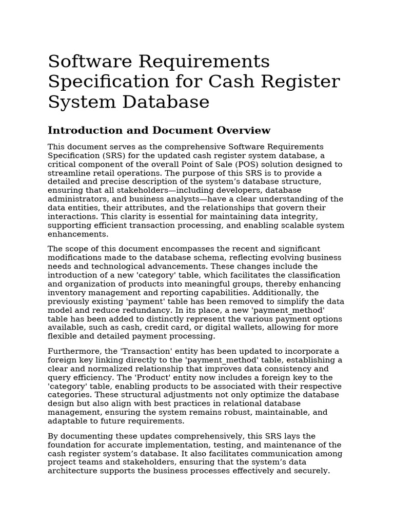 Cash Register System Database SRS | PDF | Databases | Point Of Sale