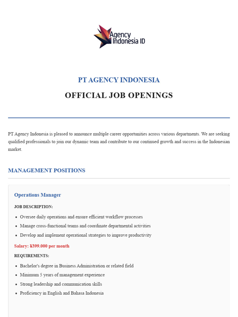 Official Job Openings - PT Agency Indonesia | PDF | Supply Chain | Auto ...