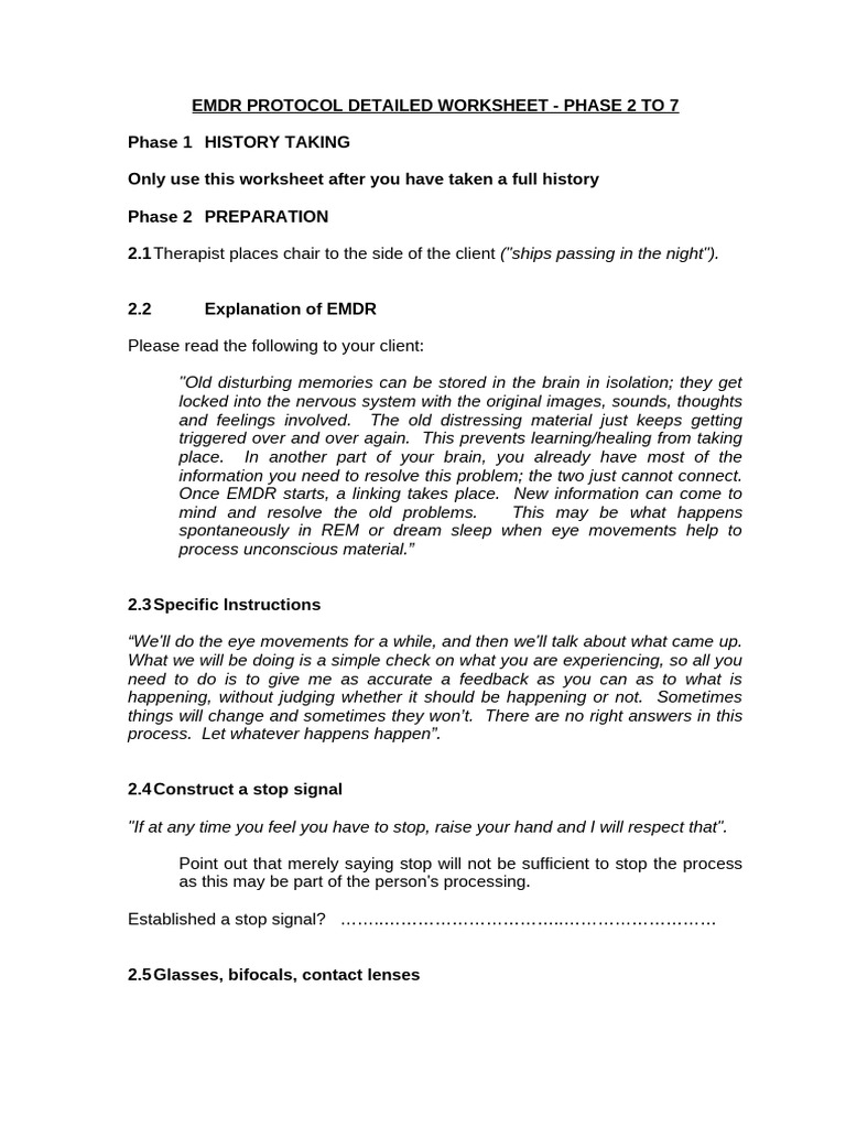 EMDR Protocol Worksheet: Phases 2-7 | PDF | Memory | Thought