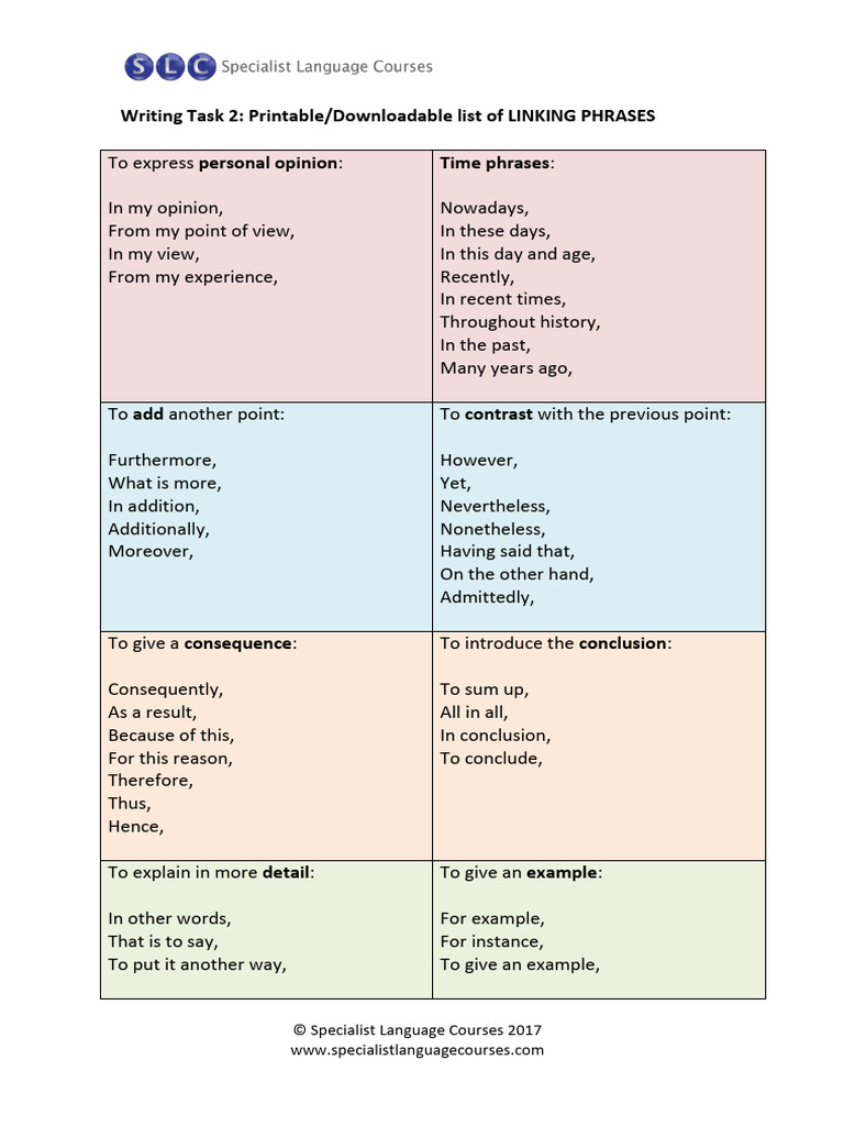 Writing Task 2 Linking Phrases | PDF | Reason | Linguistics