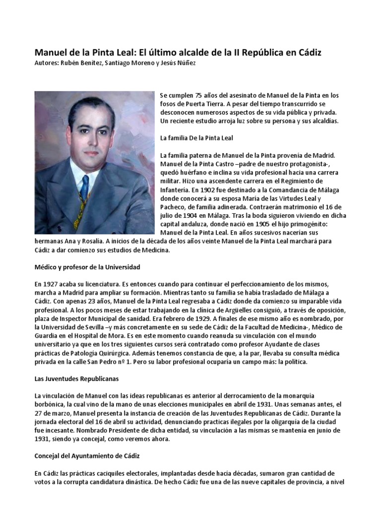Manuel de La Pinta Leal, El Último Alcalde de La II República en Cádiz PDF Gobierno Agitación