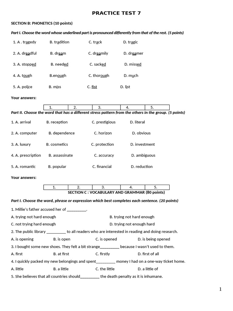 Phonetics and Grammar Practice Test | PDF | Dehydration | Desert
