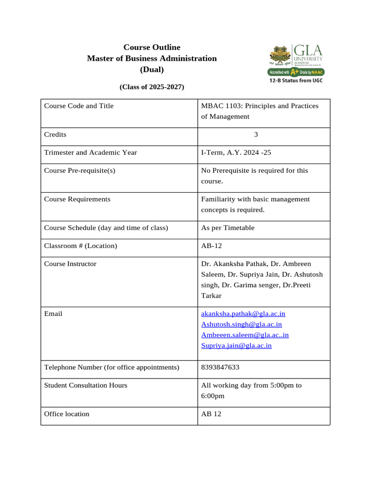 MBA Management Principles Course Outline | PDF | Leadership | Master Of ...