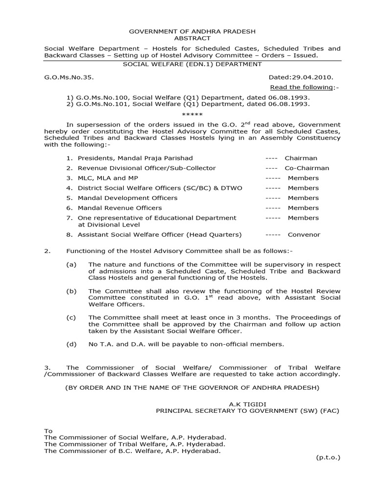 Hostel Advisory Committee Orders AP | PDF | Chess Theory | Politics Of ...