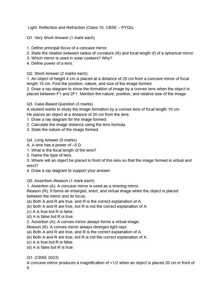 Class 10 Light Reflection & Refraction PYQs | PDF | Glass Engineering ...