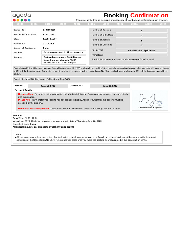 Booking Confirmation for Royal Empire Suite | PDF | Hospitality Industry
