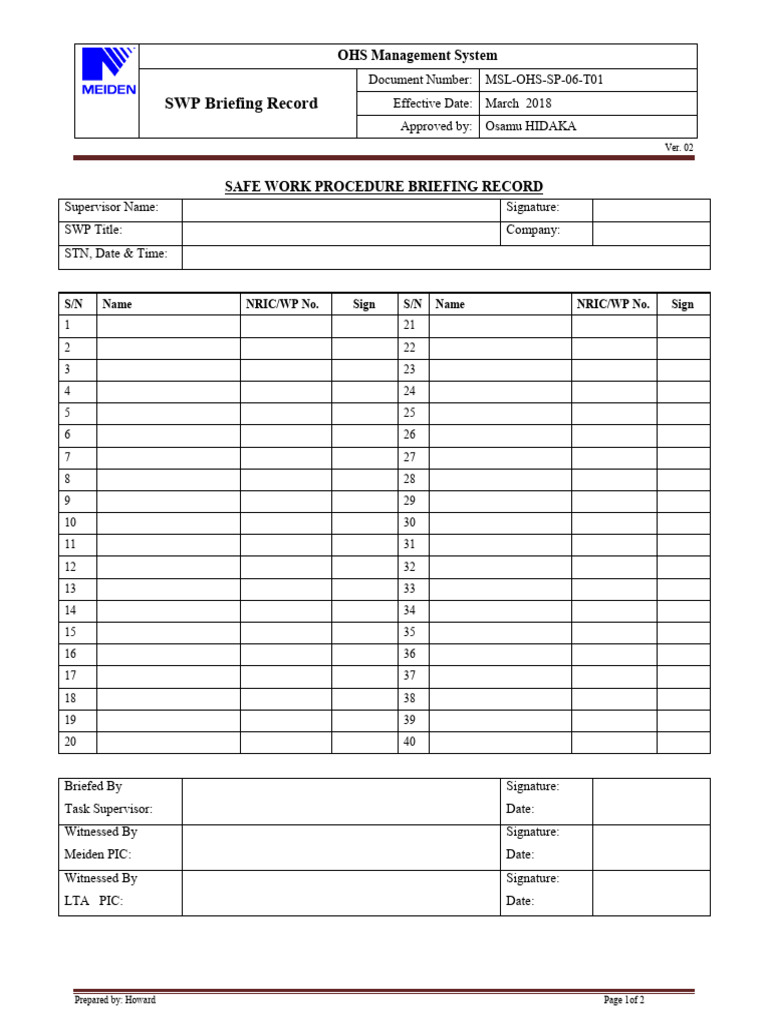 SWP Briefing Record Form | PDF