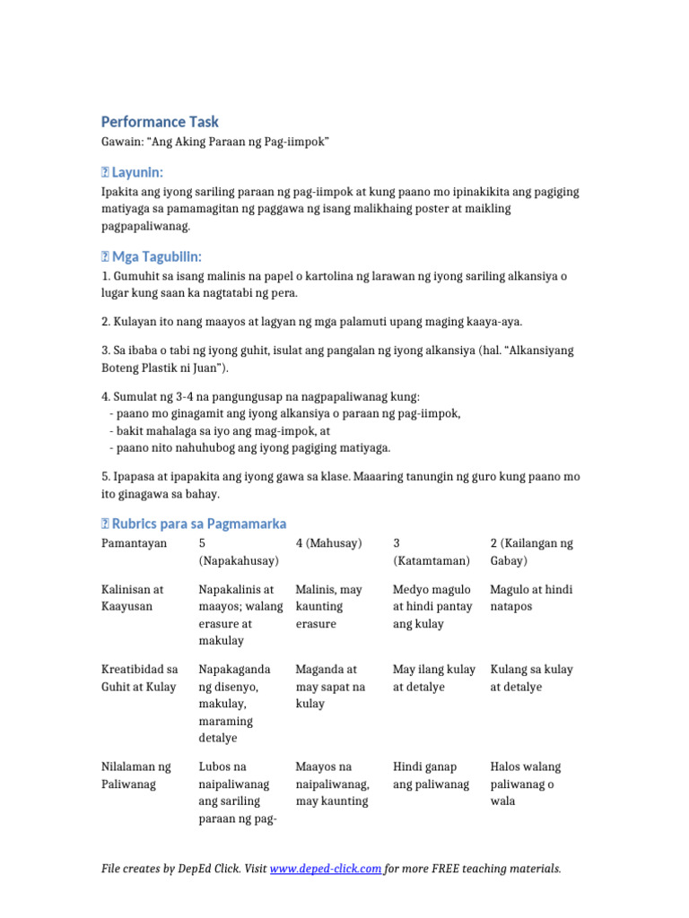 Performance Task Pag-Iimpok | PDF
