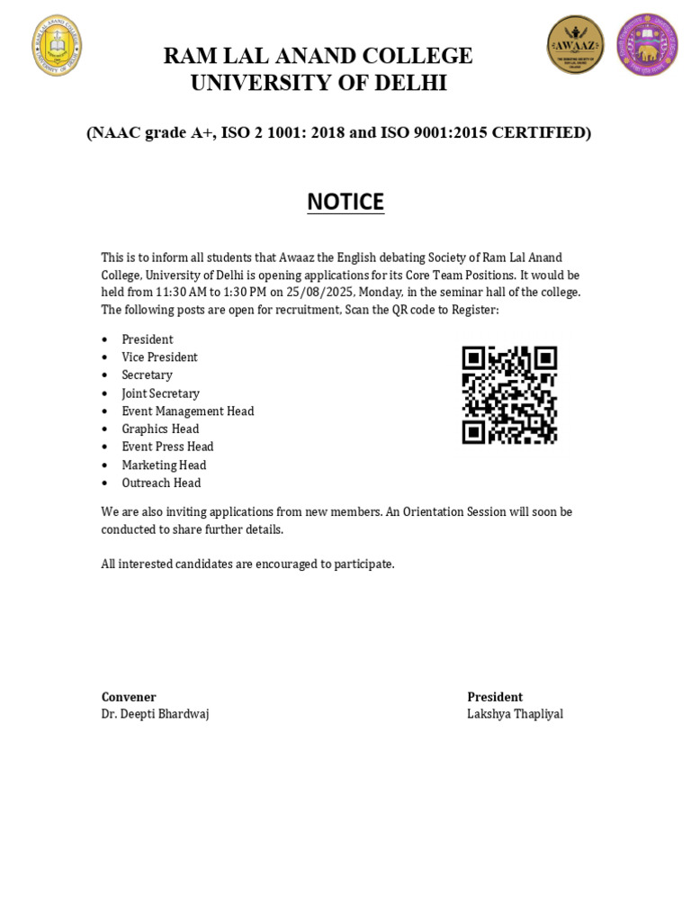 Notice: Ram Lal Anand College University of Delhi | PDF