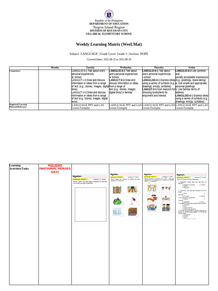 Weekly Learning Matrix for Grade 1 Language | PDF