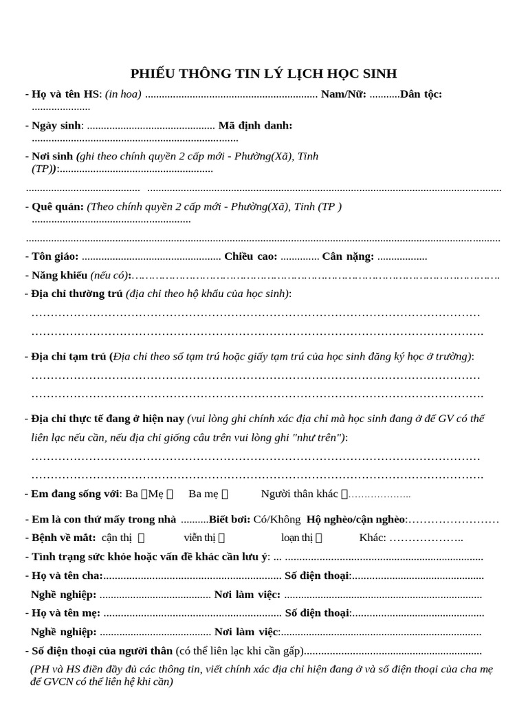 Phieu Thong Tin Ly Lich Hoc Sinh Dau Nam | PDF