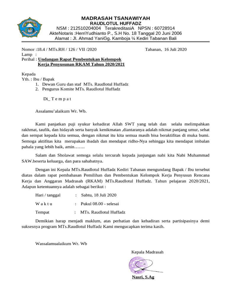 Rapat Penyusunan RKAM MTs Raudlotul Huffadz | PDF