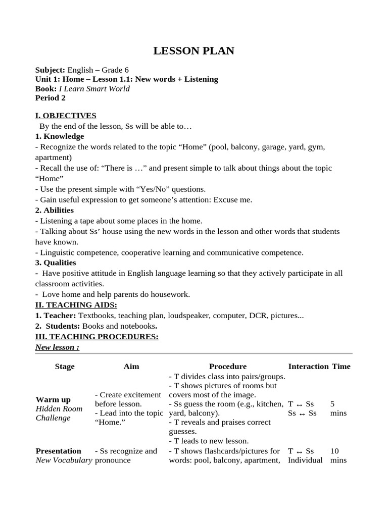 Grade 6 English Lesson Plan: Home Vocabulary | PDF | Learning | Cognition