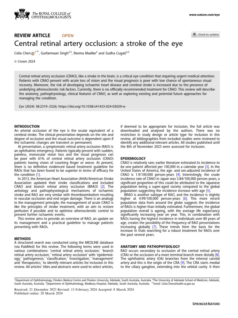 Central Retinal Artery Occlusion Overview | PDF | Stroke | Ischemia