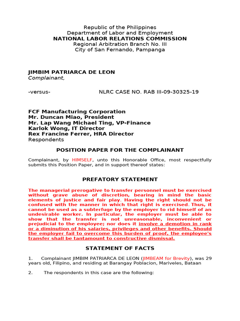 Constructive Dismissal Case: Position Paper | PDF | Employment | Damages