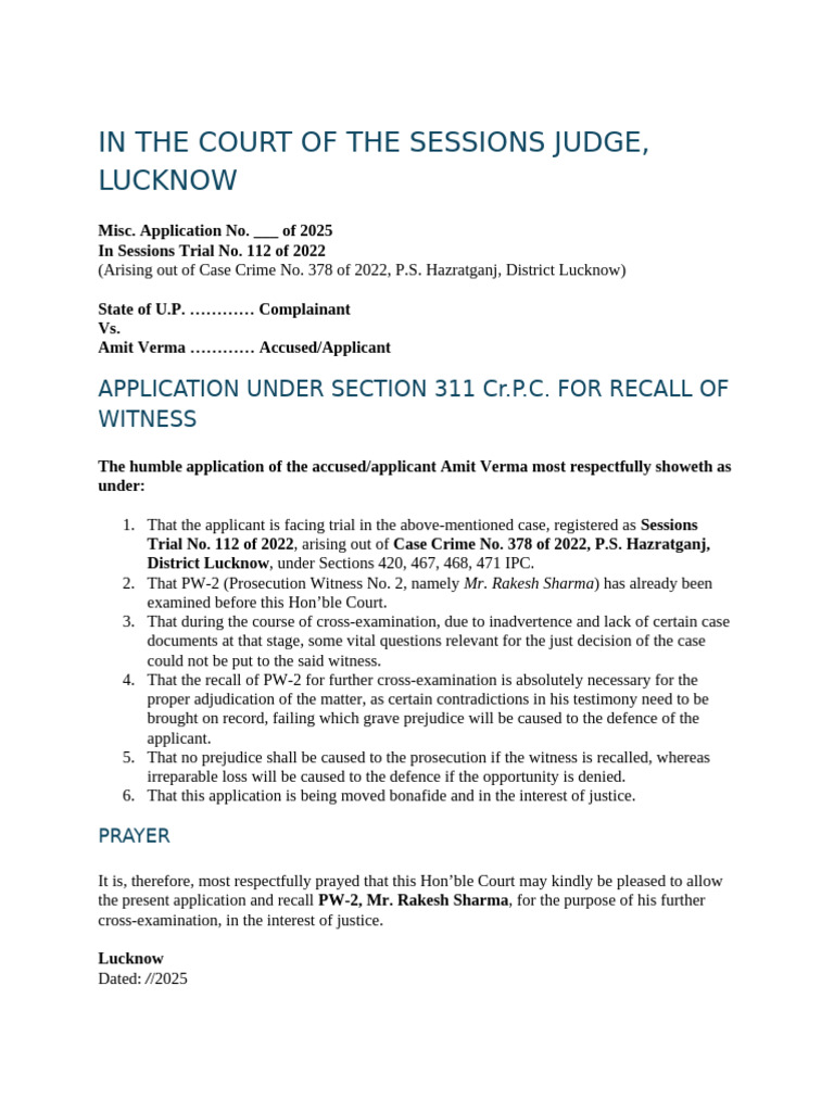 In The Court of The Sessions Judge, Lucknow: Application Under Section ...