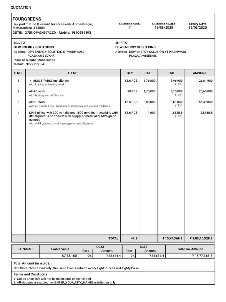 Dew Energy Solutions Quotation 11 | PDF